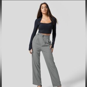 High Waisted Button Zipper Plicated Straight Leg Work Suit Pants